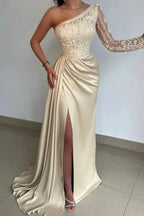 Elegant One Shoulder Lace Long Sleeve Satin Prom Dress With Slit by misshow.com