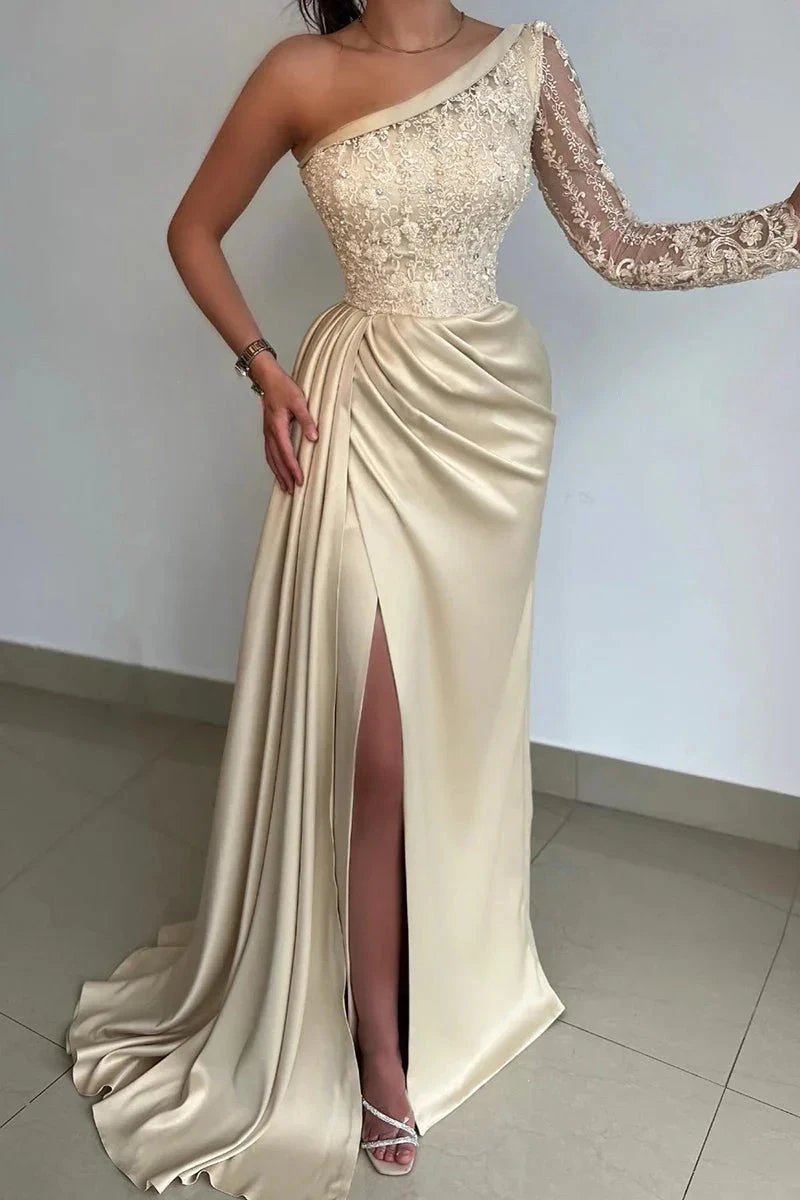 Elegant One Shoulder Lace Long Sleeve Satin Prom Dress With Slit by misshow.com