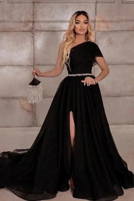 Elegant one shoulder sleeveless a-line 100D-Chiffon evening dresses ribbons by misshow.com