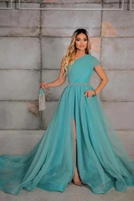 Elegant one shoulder sleeveless a-line 100D-Chiffon evening dresses ribbons by misshow.com