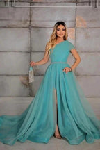 Elegant one shoulder sleeveless a-line 100D-Chiffon evening dresses ribbons by misshow.com