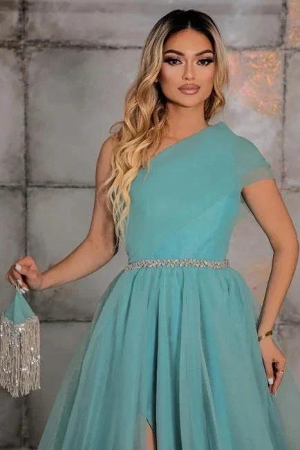 Elegant one shoulder sleeveless a-line 100D-Chiffon evening dresses ribbons by misshow.com