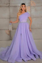 Elegant one shoulder sleeveless a-line 100D-Chiffon evening dresses ribbons by misshow.com