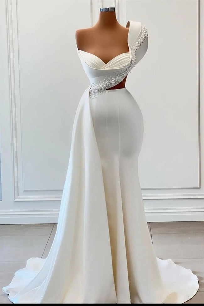 Elegant One-Shoulder Sweetheart Sleeveless A-line Wedding Dresses With Beads Hover Image