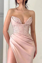 Elegant Peach V-neck Mermaid Evening Dresses Long Simple Prom Dresses With Slit by misshow.com