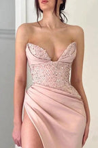 Elegant Peach V-neck Mermaid Evening Dresses Long Simple Prom Dresses With Slit by misshow.com