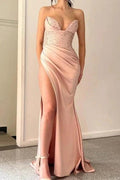Elegant Peach V-neck Mermaid Evening Dresses Long Simple Prom Dresses With Slit by misshow.com