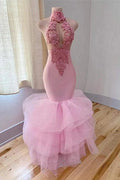 Elegant Pink High-neck V-neck Appliques Floor-length Mermaid Prom Dresses by misshow.com
