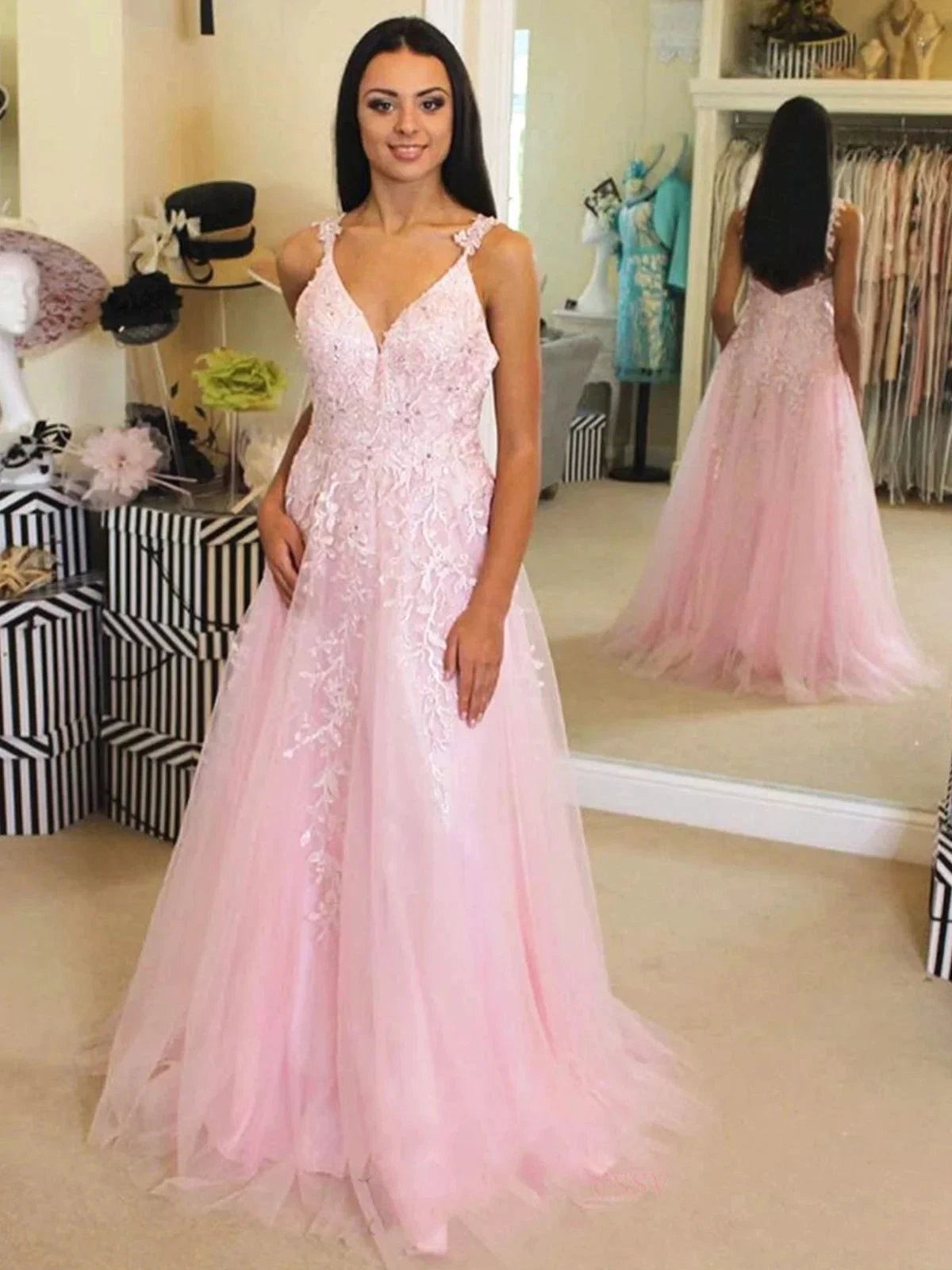 Elegant Pink Long A Line V Neck Tulle Lace Open Back Formal Graduation Prom Dresses by BIZTUNNEL