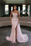 Elegant Pink Sequined Sleeveless Long Mermaid Prom Dress With Slit by misshow.com