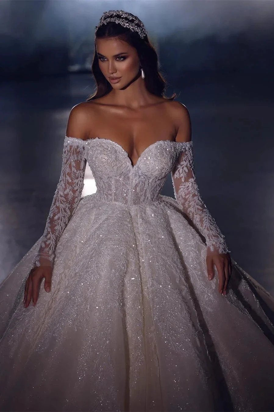 Elegant Princess A-line Off-the-shoulder Lace Appliques Wedding Dress With Long Sleeves by misshow.com