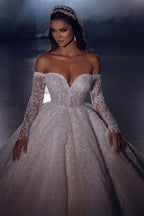 Elegant Princess A-line Off-the-shoulder Lace Appliques Wedding Dress With Long Sleeves by misshow.com