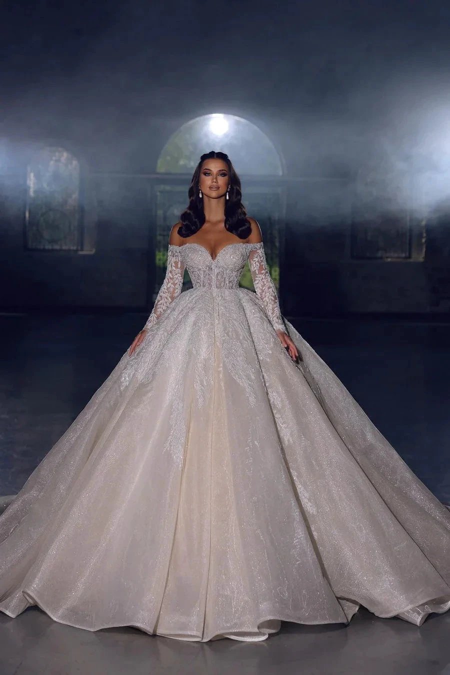 Elegant Princess A-line Off-the-shoulder Lace Appliques Wedding Dress With Long Sleeves by misshow.com