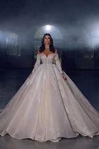 Elegant Princess A-line Off-the-shoulder Lace Appliques Wedding Dress With Long Sleeves by misshow.com