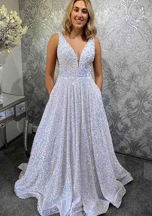 A-line V Neck Sleeveless Velvet Sequins Long Prom Dress With Pockets by Biztunnel
