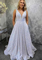 A-line V Neck Sleeveless Velvet Sequins Long Prom Dress With Pockets by Biztunnel