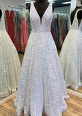 A-line V Neck Sleeveless Velvet Sequins Long Prom Dress With Pockets by Biztunnel