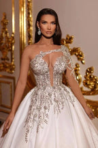 Elegant Princess Long A-line V-neck One Shoulder Satin Wedding Dresses by misshow.com