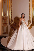 Elegant Princess Long A-line V-neck One Shoulder Satin Wedding Dresses by misshow.com