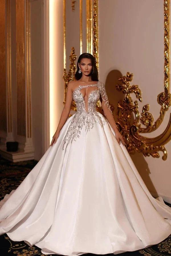 Elegant Princess Long A-line V-neck One Shoulder Satin Wedding Dresses by misshow.com