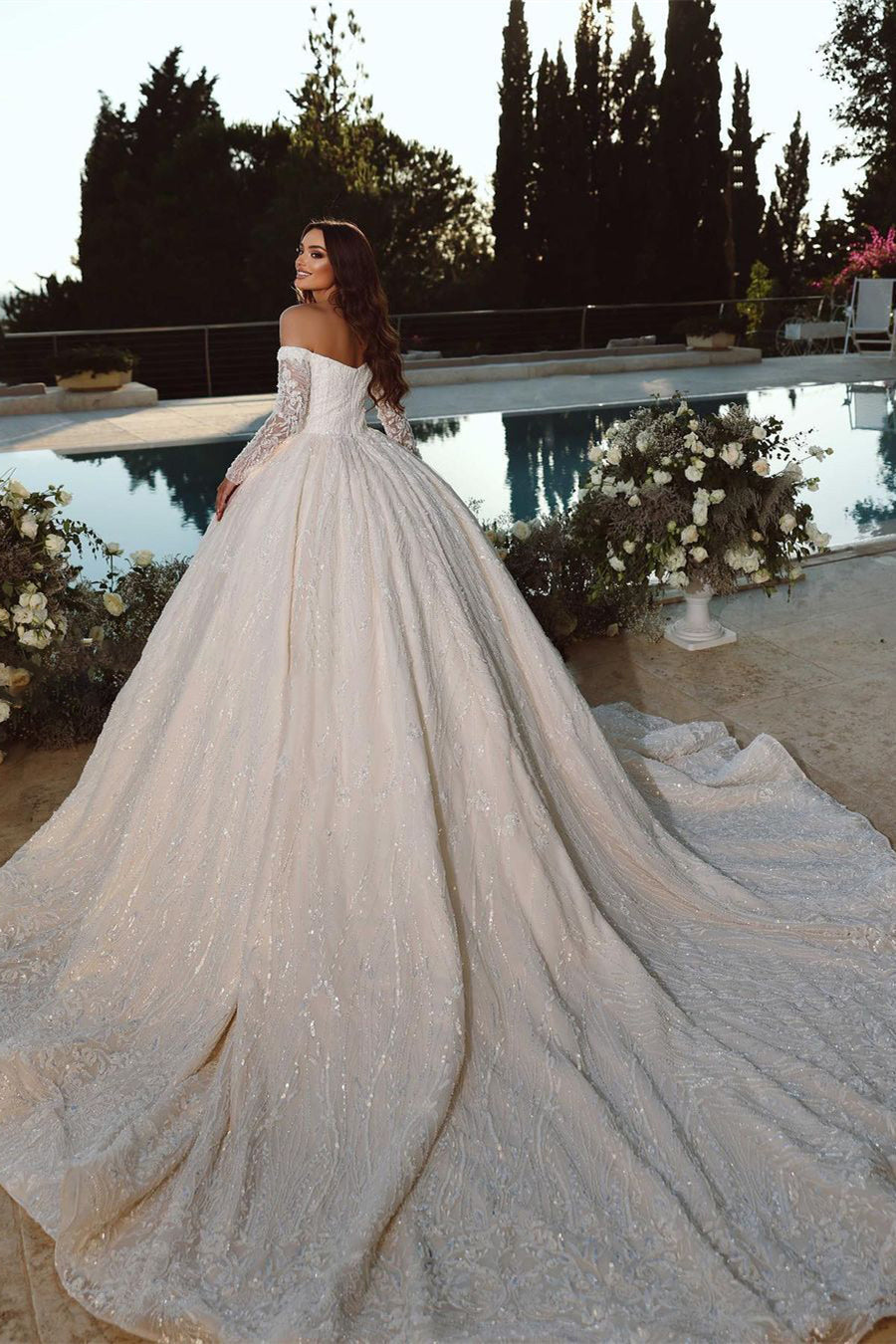 Elegant Princess Off-the-shoulder A-line Ball Gown Wedding Dress With Long Sleeves