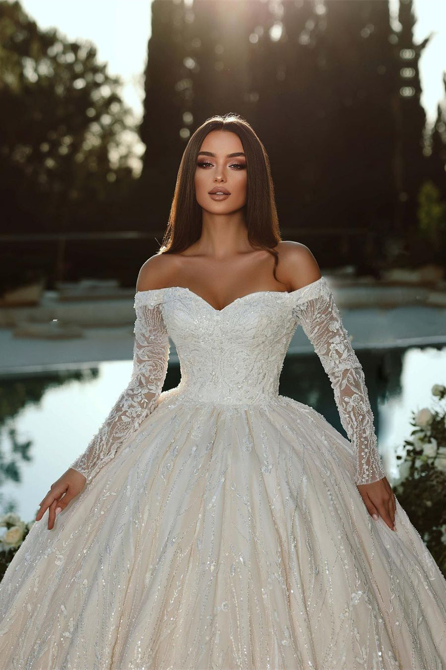 Elegant Princess Off-the-shoulder A-line Ball Gown Wedding Dress With Long Sleeves