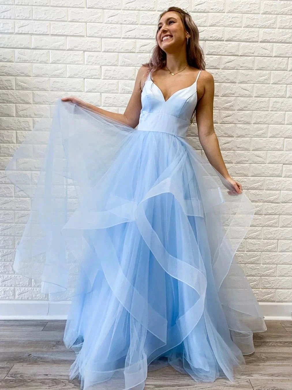 Elegant Princess V Neck Puffy Organza Spaghetti Straps Long Prom Dresses by BIZTUNNEL