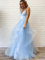 Elegant Princess V Neck Puffy Organza Spaghetti Straps Long Prom Dresses by BIZTUNNEL