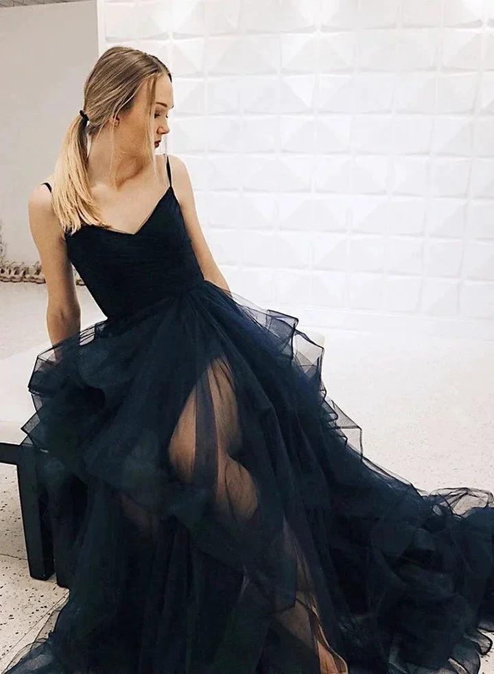 Elegant Princess V Neck Tulle Long Prom Formal Evening Dresses by BIZTUNNEL