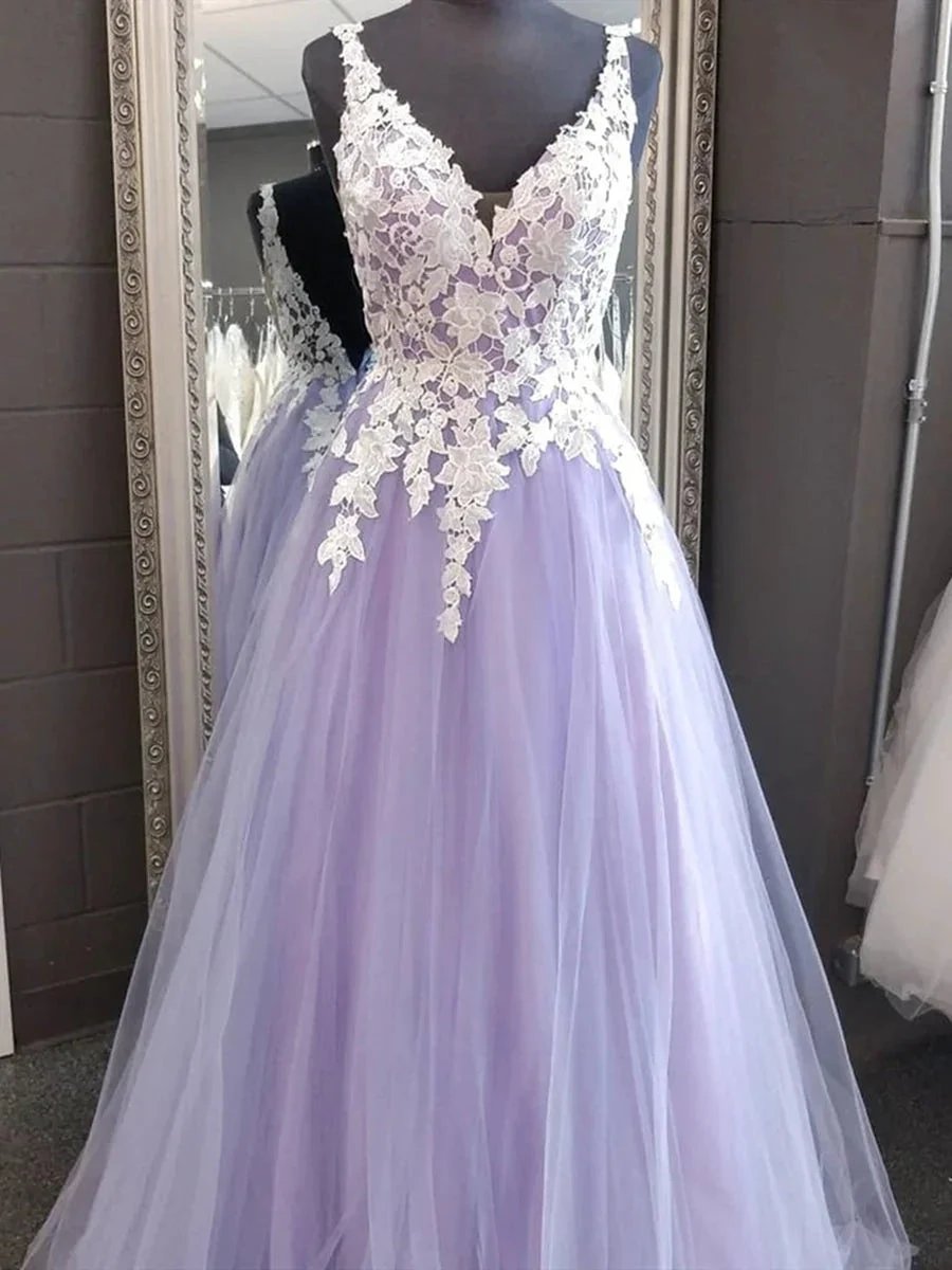 Elegant Purple Long A-line V-neck Sleeveless Backless Tulle Lace Formal Prom Dresses by BIZTUNNEL
