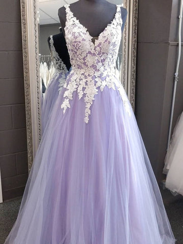 Elegante vestido de fiesta formal de tul con encaje, sin mangas, escote en V, largo en morado