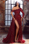 Elegant Red A-line One Shoulder Long Sleeve Sequined Prom Dress With Slit by misshow.com