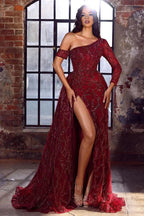 Elegant Red A-line One Shoulder Long Sleeve Sequined Prom Dress With Slit by misshow.com
