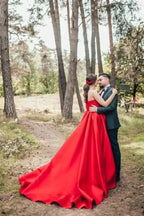 Elegant Red A-Line One Shoulder Satin Sleeveless Wedding Dresses by misshow.com