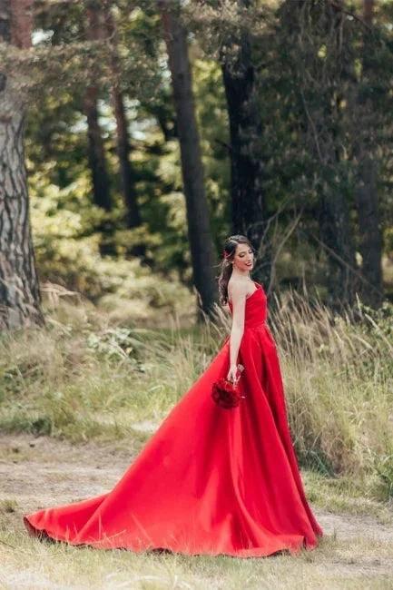 Elegant Red A-Line One Shoulder Satin Sleeveless Wedding Dresses by misshow.com
