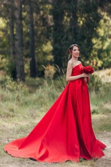 Elegant Red A-Line One Shoulder Satin Sleeveless Wedding Dresses by misshow.com