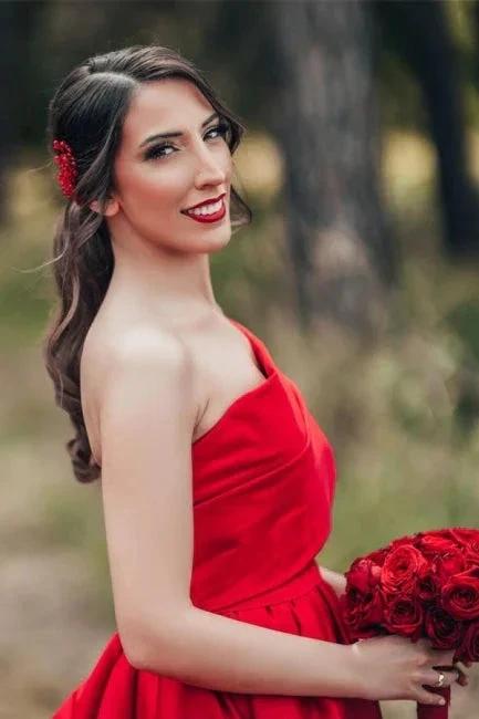 Elegant Red A-Line One Shoulder Satin Sleeveless Wedding Dresses by misshow.com