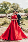 Elegant Red A-Line One Shoulder Satin Sleeveless Wedding Dresses by misshow.com