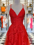 Elegant Red Long A Line V Neck Tulle Lace Formal Graduation Prom Dresses by BIZTUNNEL