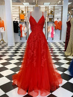 Elegant Red Long A Line V Neck Tulle Lace Formal Graduation Prom Dresses by BIZTUNNEL