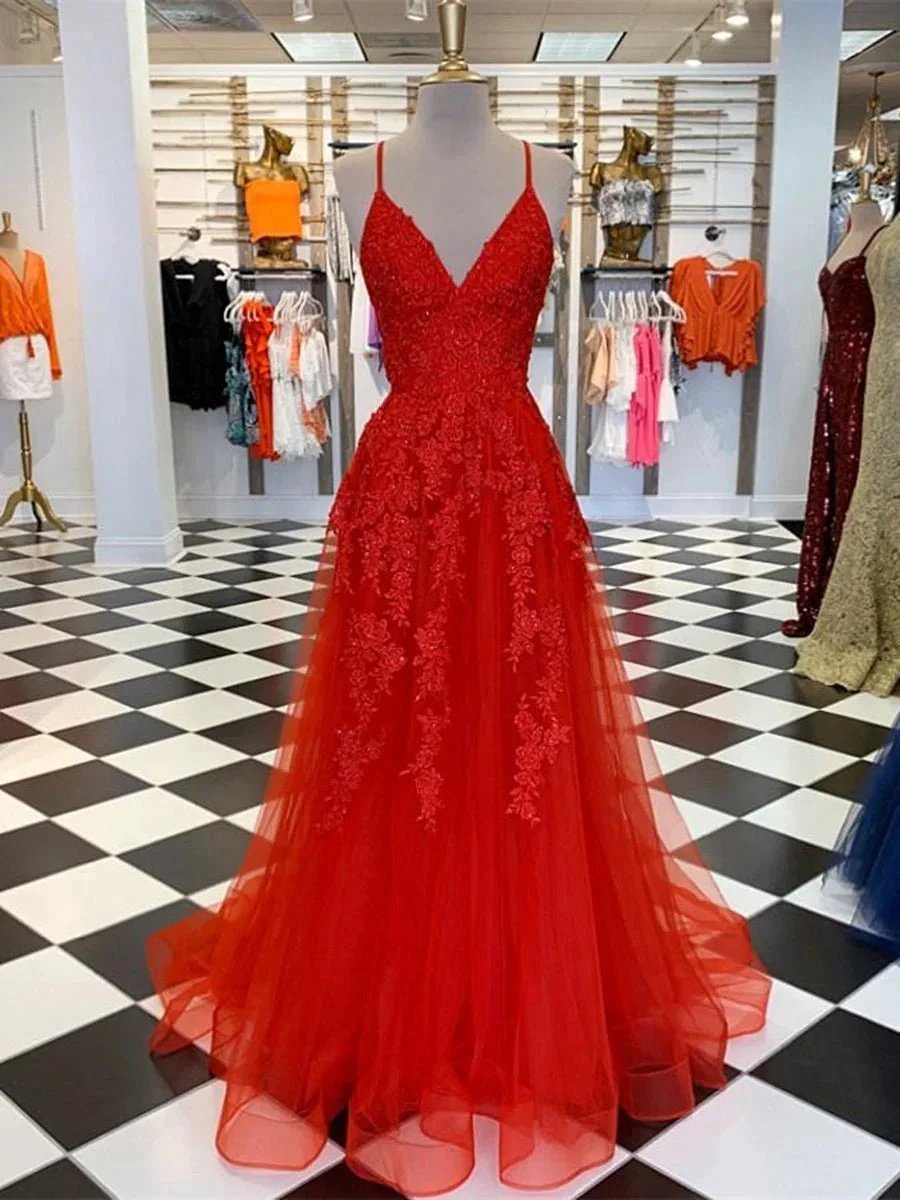 Elegant Red Long A Line V Neck Tulle Lace Formal Graduation Prom Dresses by BIZTUNNEL