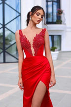 Elegant Red Long V-Neck Front Split Prom Dresses With Glitter by misshow.com