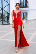 Elegant Red Long V-Neck Front Split Prom Dresses With Glitter by misshow.com
