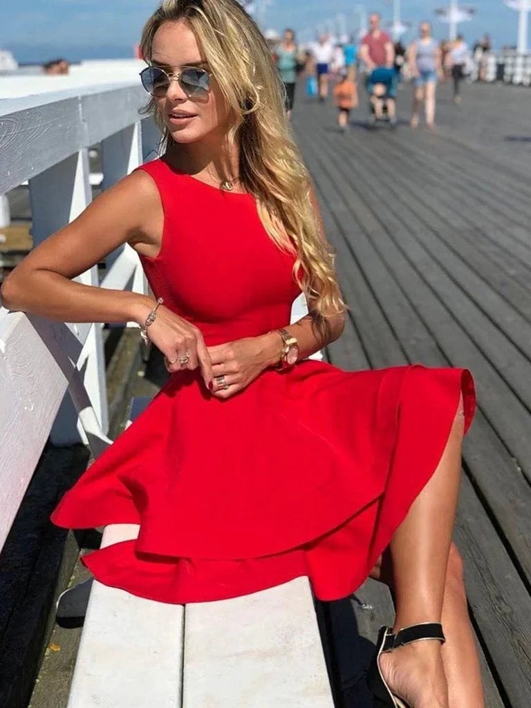 Elegant Red Short A-line Satin Prom Homecoming Dresses by BIZTUNNEL