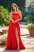 Elegant Red Spaghetti Straps Sleeveless Column Satin Prom Dresses with Ruffles by misshow.com