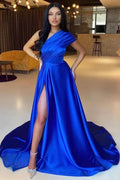 Elegant Royal Blue A-line Simple One Shoulder Long Prom Dresses With Slit by misshow.com