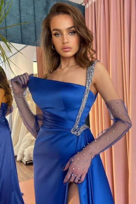 Elegant Royal Blue One Shoulder Long Prom Dresses With Glitter by misshow.com