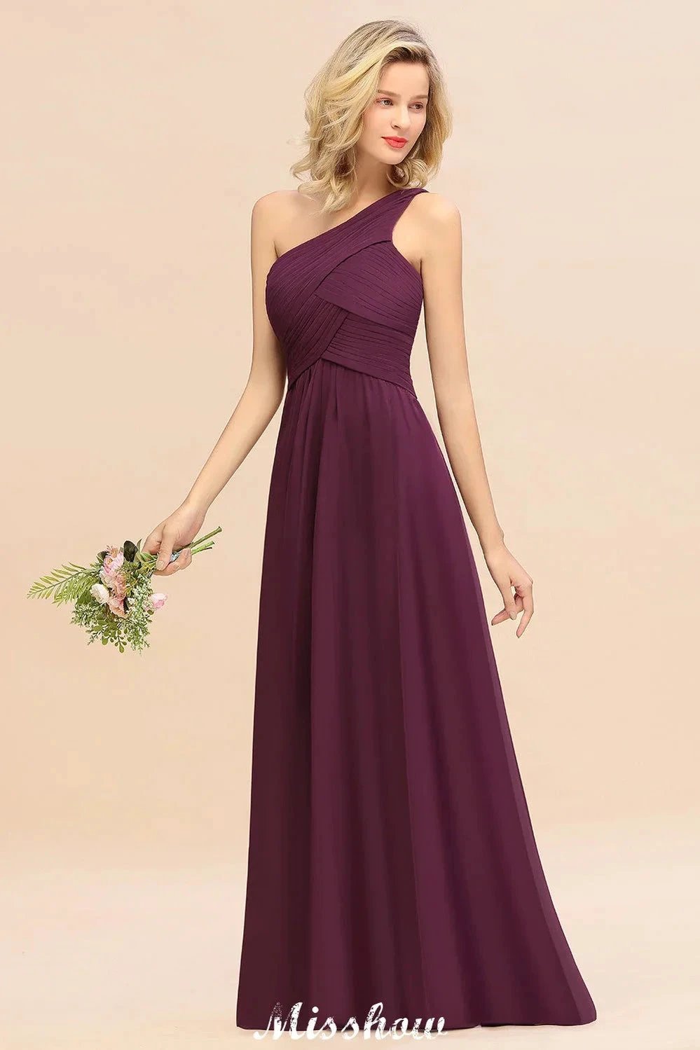 Elegant Ruffles One Shoulder Prom Dresses | A-Line Sleeveless Evening Dresses by misshow.com