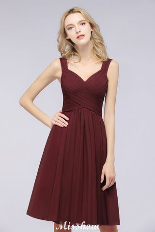 Elegant Ruffles Straps Short Prom Dresses | A-Line Sleeveless Knee Length Evening Dresses