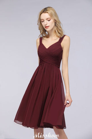 Elegant Ruffles Straps Short Prom Dresses | A-Line Sleeveless Knee Length Evening Dresses